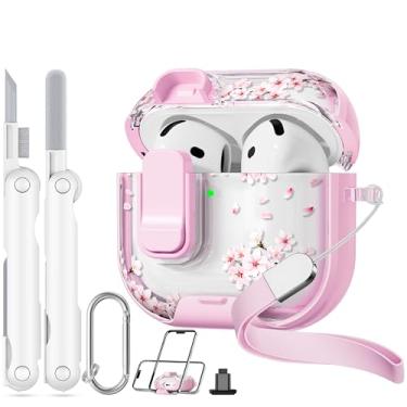 Imagem de Skyconser Capa com trava de segurança para Apple AirPods 4, capa floral transparente para AirPod 4ª geração com suporte de telefone e kit de limpeza para mulheres com flor de cerejeira
