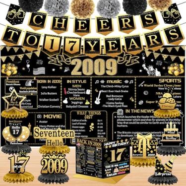 Imagem de Decorações de aniversário de 17 anos para menino, 18 peças de decoração de banner em ouro preto em 2009, pano de fundo de aniversário, faixa de 17 anos para filha e filho, cartão de aniversário, 6