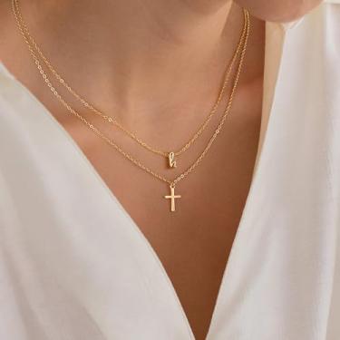 Imagem de Colar feminino banhado a ouro 14K com inicial cruzada, delicada, empilhável, ajustável, letra A-Z, cruz, gargantilha personalizada, Natal, aniversário, presentes para ela, 16/18+2.5", Latão, Sem Pedra