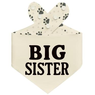 Imagem de THLOH Bandana Big Sister Dog com botões de pressão – Lenço reversível de camada dupla para anúncio de bebê, revelação de gênero, fotos de família, ajuste ajustável para presente (bege, GG)