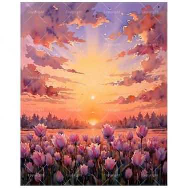 Imagem de TAOPAOLAB Kit de pintura floral e colorida do céu por números para adultos - DIY campo de tulipas rosa ao pôr do sol pintura em tela 40,6 x 50,8 cm, conjunto de tinta acrílica, adequado para