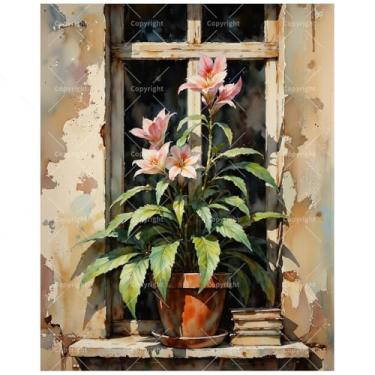 Imagem de TAOPAOLAB Kit de pintura de natureza morta por números para adultos - lírios rosa DIY em vaso de argila por pintura de janela antiga em tela 40,6 x 50,8 cm, conjunto de tinta acrílica, adequado para