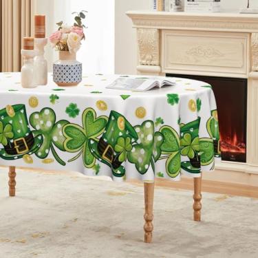 Imagem de Horaldaily Toalha de mesa de Dia de São Patrício 152 x 213 cm, oval, chapéu trevo trevo, branca, lavável, capa de mesa sazonal para decoração de festa, piquenique, jantar