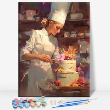Imagem de HUINORYA Bakery Chef Cake Maker Blue Collar Heroes Framed Canvas DIY Paint by Numbers Kit Bar Cafe Cave Home Room Wall Bathroom Varanda Pátio Decoração Presente, 40,6 x 30,5 cm