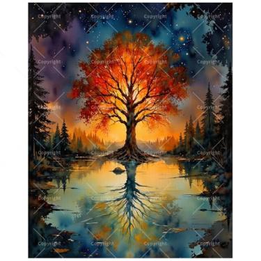 Imagem de Kit de pintura por números da árvore mágica do mundo para adultos - Pintura reflexiva de árvore radiante e lago em tela 40,6 x 50,8 cm, conjunto de tinta acrílica para iniciantes, arte para decoração