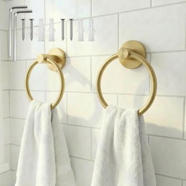 Imagem de Anel de toalha para parede de banheiro, pacote com 2, suporte de toalha de mão de aço inoxidável, cabide de toalha de parede resistente para banheiro, cozinha, lavabo, banheiro, uso doméstico, dourado