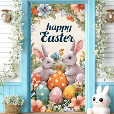 Imagem de NYZE Banner de porta de Páscoa feliz, 35,4 x 70,8 polegadas pendurado pano de fundo de banner de coelho, placa de varanda decoração de páscoa interna externa (bolinhas e ovos)