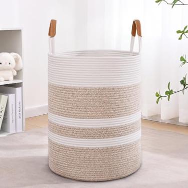 Imagem de Cesto de roupa suja listrado de 75L com alças de couro, cesto de roupa grande dobrável para roupas, cesto de armazenamento de corda de algodão para cobertores, cesta de roupas de tecido para quarto