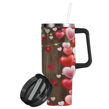 Imagem de ATTX Copo de coração vermelho rosa de 850 g com alça, copo de aço inoxidável a vácuo de parede dupla com palha, caneca de café de viagem isolada #414