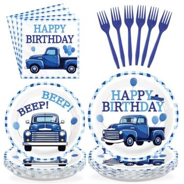 Imagem de Greencian Conjunto de pratos e guardanapos para festa de aniversário de caminhão azul 96 Blue Truck Happy Birthday para crianças, meninos e meninas, decoração de festa de aniversário, serve 24