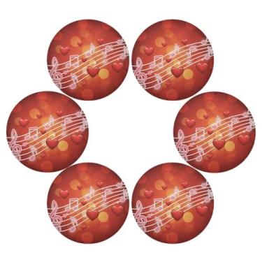 Imagem de Wassud Jogo americano conjunto de 6 tapetes de mesa redondos com notas musicais de coração para cozinha e jantar tapetes laváveis resistentes ao calor para decoração de mesa 39 cm