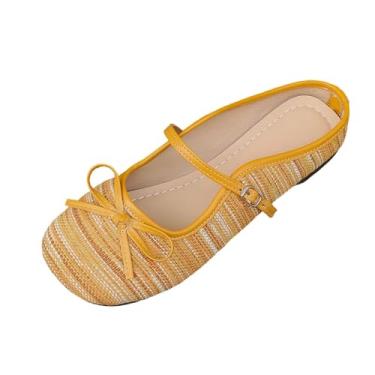 Imagem de Sapatilhas femininas de malha respirável com estampa listrada, sapatos casuais de bico fechado para atividades de lazer, Amarelo, 35