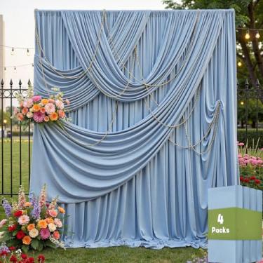 Imagem de Cortina de fundo azul empoeirado de 6 m x 3,7 m sem rugas, 4 painéis de 3,5 m de altura, pano de fundo de poliéster sedoso para fotografia de aniversário, pano de fundo de festa drapeado