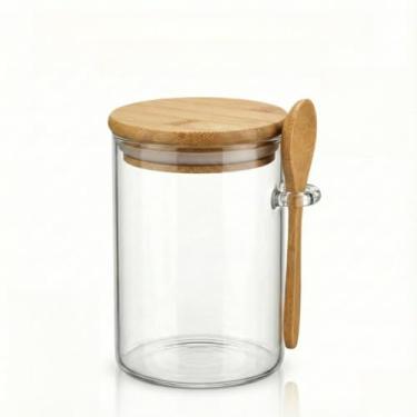 Imagem de Pote Hermético de Vidro 250ml com Tampa de Bambu e Colher – Porta Temperos e Mantimentos para Cozinha Organizada