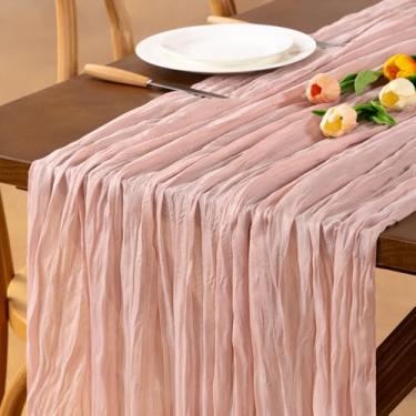 Imagem de Jimtx Corredor de mesa de gaze rosa blush 1 peça de caminho de mesa de gaze Boho 55 × 30 cm 3 m outono rosa decoração de ação de graças para casa de fazenda, casamento, chá de bebê, festa de