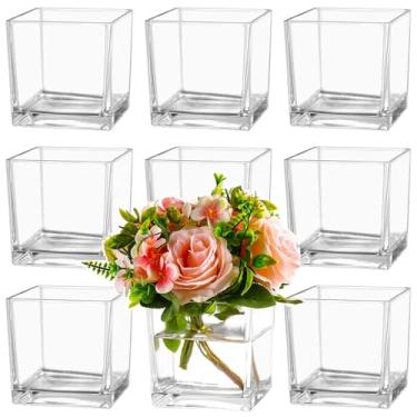 Imagem de MARTAGE Conjunto de 9 vasos de vidro quadrados, 12,7 x 12,7 x 12,7 cm, vasos de flores transparentes para centros de mesa, vaso quadrado para flores, vaso pequeno para casamento, festa, decoração de