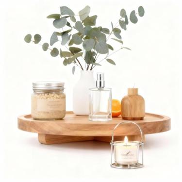 Imagem de Bandeja redonda de madeira de 25 cm para balcão de banheiro e cozinha – suporte decorativo de madeira maciça, organizador rústico para sabonete, perfume, vela, presente
