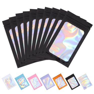 Imagem de Tiparts 100 sacos holográficos Mylar, sacos pretos resseláveis de 8,9 cm x 16 cm com janela frontal transparente para armazenamento de alimentos, joias, doces, embalagens para pequenas empresas