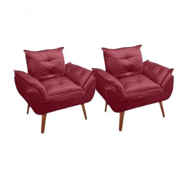 Imagem de Kit 02 Poltrona Cadeira Decorativa Glamour Com Pés Quadrado Vinho Bordô