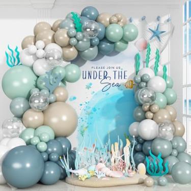 Imagem de Kit de arco de guirlanda de balões sob o mar, 163 peças de decorações de festa temáticas de oceano para decoração de festa de aniversário de chá de bebê na praia com balões de látex transparentes