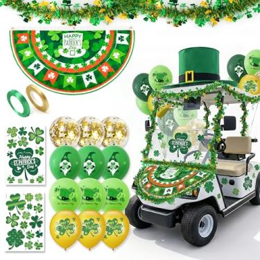 Imagem de ptcrut Kit de decoração de desfile de carrinho de golfe de São Patrício, decoração de carro com chapéu de duende gigante, guirlanda de estampel, bandeira de bandeira, balões, adesivos de trevo para