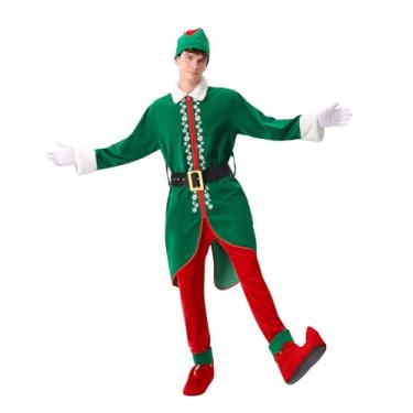 Imagem de ADOMI Conjunto de 6 peças de fantasia de elfo masculino de Natal adulto ajudante de Papai Noel, conjunto plus size para festas de fim de ano, Halloween, cosplay, Verde, XXG
