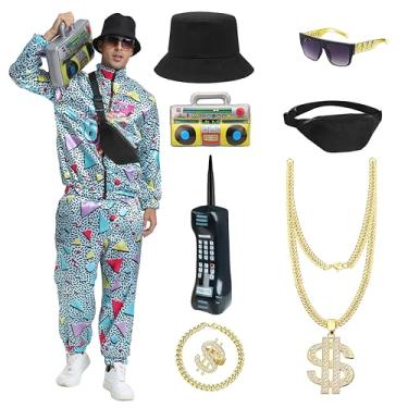 Imagem de Roupa masculina retrô dos anos 80 e 90 – 10 peças de fato de treino vintage com acessórios de hip hop, Branco, M