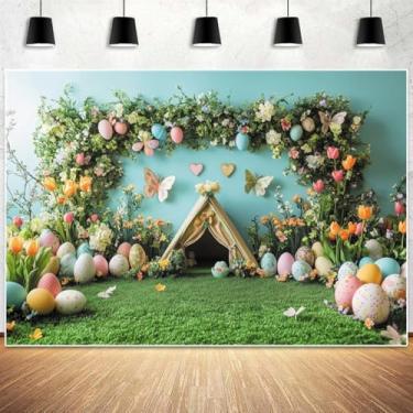 Imagem de XMJJKUF Cenários de primavera de Páscoa para fotografia, 3 x 2,4 m, barraca, coelho, ovos, borboleta, fundo, primavera, jardim, grama, flores, festa, decoração de parede, estúdio, adereços, banner