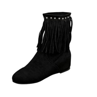 Imagem de Botas femininas casuais até o meio da panturrilha com borla e sola plana para conforto e estilo no inverno, Preto, 38