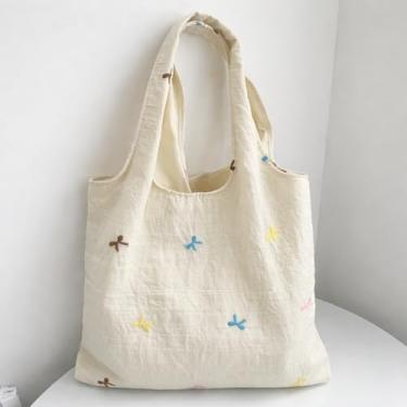 Imagem de Bolsa feminina de lona bordada, bolsa de ombro leve de grande capacidade para trabalho, Branco