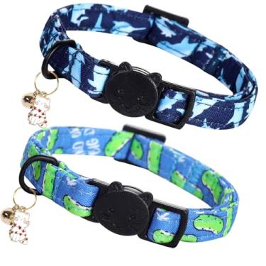 Imagem de Elegant little tail Pacote com 2 coleiras para gatos, estampa de tubarão, de algodão, com pingente de sino, coleira de gatinho para meninos e gatos, coleira ajustável para gatos pequenos e filhotes
