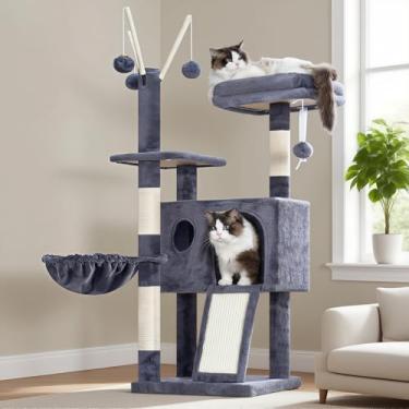 Imagem de Hey-brother Torre de árvore para gatos, arranhadores com brinquedos removíveis, condomínio aconchegante, plataforma, rede, prancha de sisal e bola para gatos internos, 105 cm, cinza esfumaçado