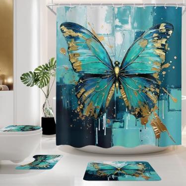 Imagem de Cinbloo Conjunto de 4 peças de cortina de chuveiro borboleta azul-petróleo moderna pintura a óleo abstrata natureza cortina de banheiro com tapete, tampa de vaso sanitário, tapete de banho, cortina de