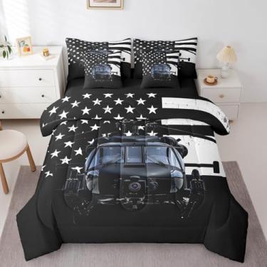 Imagem de Erosebridal Conjunto de edredom King de helicóptero para meninos, 7 peças, com bandeira americana em uma bolsa com lençol com tema militar reversível