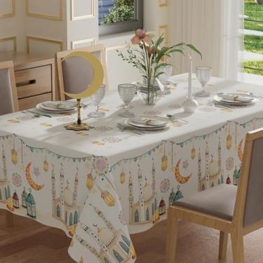 Imagem de XCHI Toalha de mesa retangular com lanterna, luas, estrelas, Ramadã, Mubarak, toalha de mesa retangular, para sala de jantar, decoração de festa em casa, 152 x 300 cm