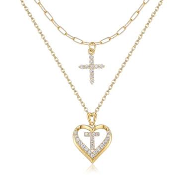 Imagem de YOVIEE Colar com letra inicial para mulheres, banhado a ouro 14 K, zircônia cúbica, coração, conjunto de colar com pingente de cruz, colar, moderno, fofo, gargantilha, colar, joia presente para ela