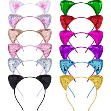 Imagem de Chuangdi 12 peças de tiaras de orelhas de gato com glitter para meninas e mulheres, lindas faixas de cabeça de gatinho de lantejoulas, acessórios de cabelo para uso diário e decoração de festa, 12