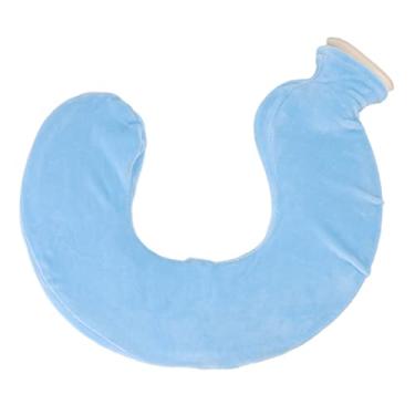Imagem de Garrafa de água quente em formato de U, pescoço quente, bolsa de água quente de borracha macia com capa de pano removível (Azul claro)