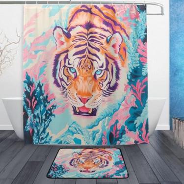 Imagem de xigua Conjunto de tapetes de cortina de banho de tigre colorido de pintura a óleo, 2 peças, conjunto temático de banheiro (152 x 182 cm) com cortina de chuveiro e tapete antiderrapante -12 ganchos261