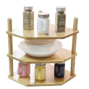 Imagem de WooFawn Prateleira de canto expansível de bambu de 3 níveis - Organizador de pratos/pratos para armário, prateleira de balcão de cozinha e pequena prateleira de cozinha, ajustável (1, 3 níveis - 9,9