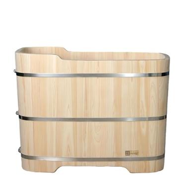 Imagem de Banheira de madeira para spa doméstico – Madeira Hinoki premium com ralo de cobre e almofada de assento à prova d'água (cor de madeira natural - sem tampa, 110 cm)