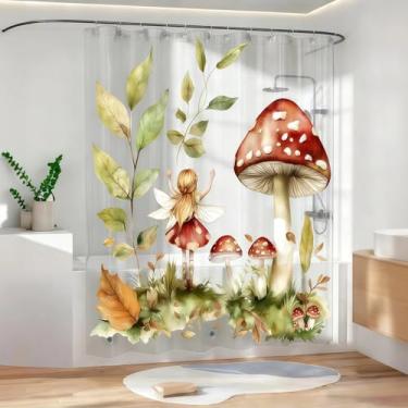 Imagem de CAPQL Forro de cortina de chuveiro transparente de cogumelo, cortinas de chuveiro de anime EIF de plástico transparente para banheiro, conjunto de cortinas de chuveiro magnéticas para crianças 182 x