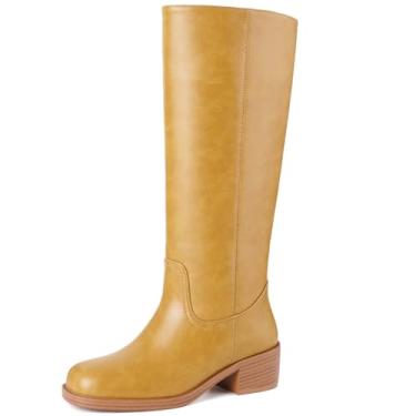 Imagem de CORNMOOD Banana Bota feminina cano alto bico quadrado salto grosso cavalgar botas longas para mulheres confortável salto baixo puxar na panturrilha larga outono bota alta, B - amarelo, 35