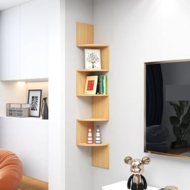 Imagem de Estante de canto de madeira montada na parede - Rack de armazenamento multicamadas para quarto, sala de estar, estudo, biblioteca - Prateleira de canto versátil para organização que economiza espaço