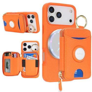 Imagem de Cavor Capa carteira compatível com MagSafe para iPhone 17 Pro com suporte para AirTag, 2 em 1 de couro PU, magnético, destacável, porta-cartões, anel com suporte, zíper, capa de telefone para mulheres