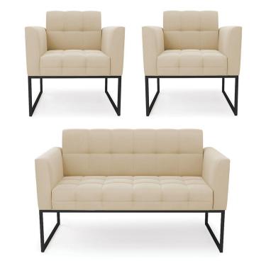 Imagem de Kit 1 Sofá Namoradeira E 2 Poltronas Elisa Suede Base Metálica Industrial Preto - D'rossi Cor Bege