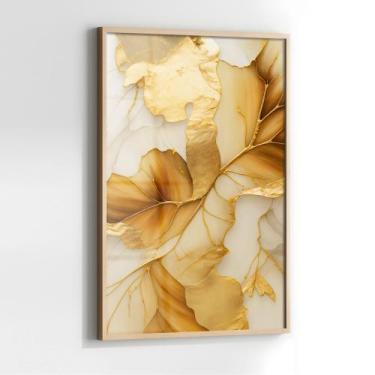 Imagem de Quadro com Moldura e Acrilico Cristal Vidro Folhas Douradas para Sala,