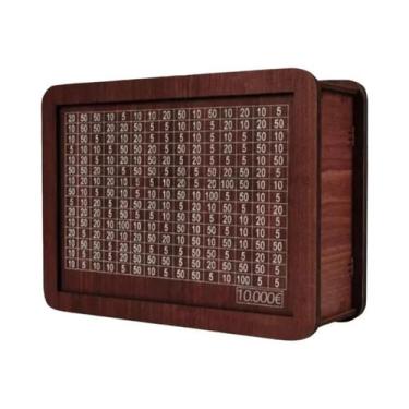 Imagem de Cofrinho De Madeira Artesanal Reutilizável Com Meta De Poupança E Rast