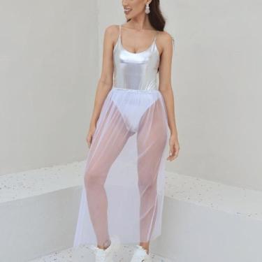 Imagem de Body Feminino Metalizado e Saia Transparência Carnaval Cor:PrataTamanh