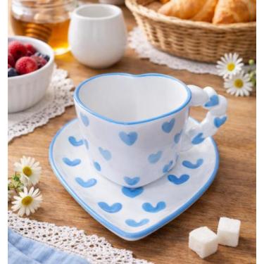 Imagem de Xícara de Porcelana Formato Coração com Pires  Caneca de Café e Chá Cr